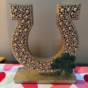 St. Patrick's Day Gold Horseshoe w/Shamrock Beaded Figurine Tabletop Decor 9"